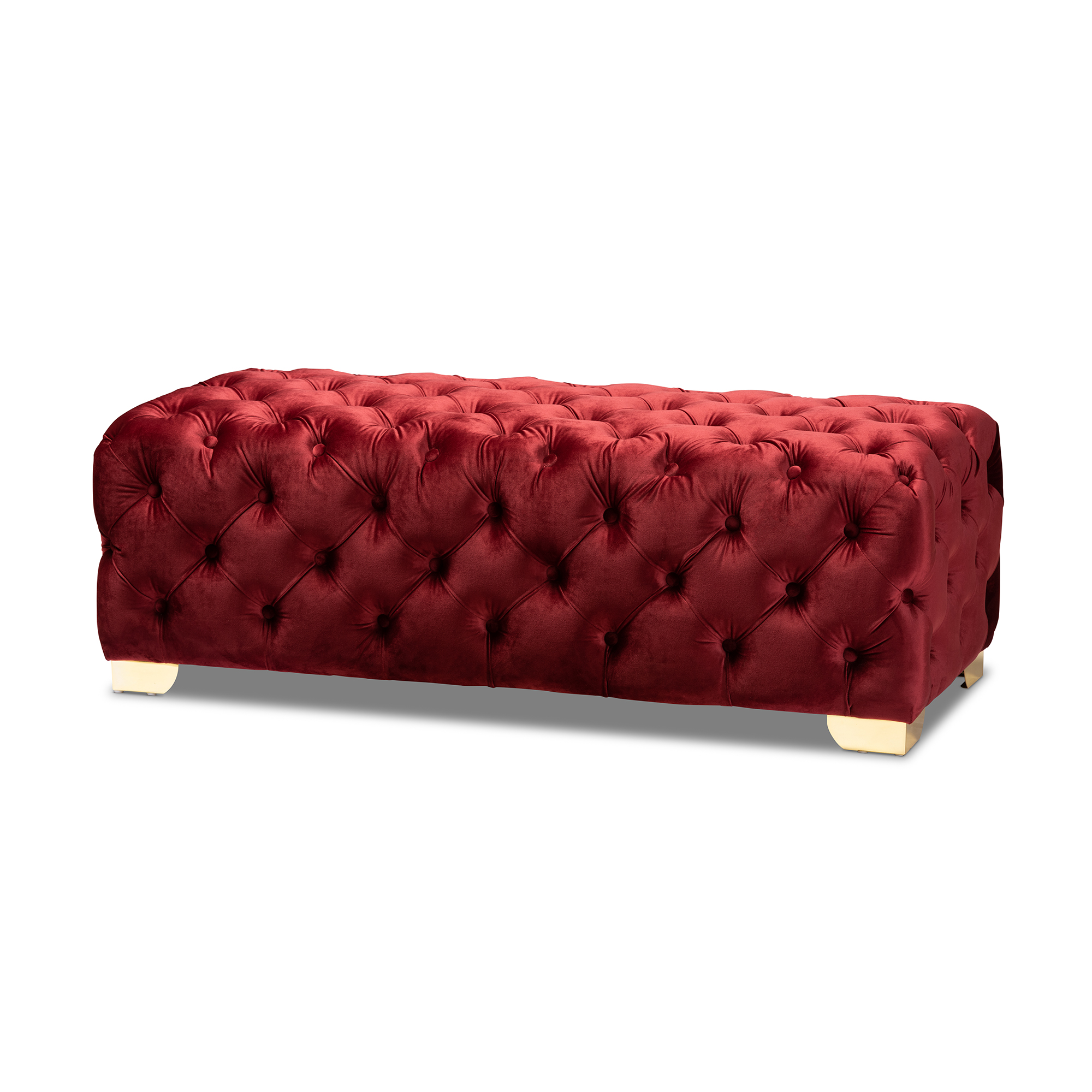 Baxton Studio Avara Glam and Luxe Burgundy Velvet Fabric Upholstered Gold Finished Button Tufted Bench Ottoman